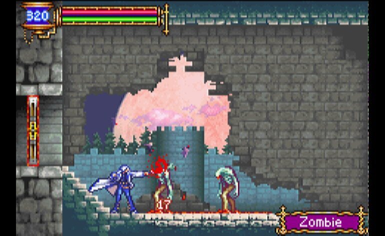 image from castlevania: aria of sorrow with bar reading 320 at the top of the screen, a sign saying "zombie" at the bottom of the screen, a man stabbing a zombie, and another zombie approaching him
